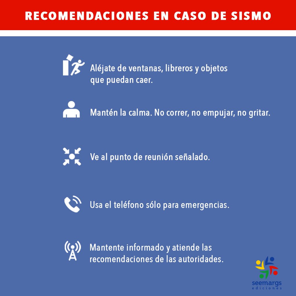 El día de hoy recordamos los temblores que sacudieron a la Ciudad de México un 19 de septiembre de 1985 y el mismo día pero del año 2017. 
Les compartimos algunas recomendaciones de gran utilidad en caso de sismo.