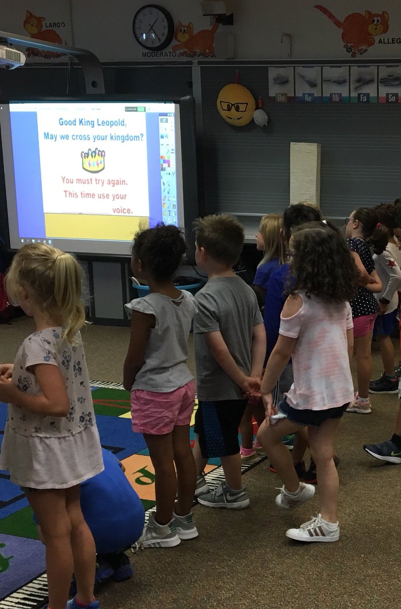 First graders getting ready to cross the kingdom in a game of “Good King Leopold.”