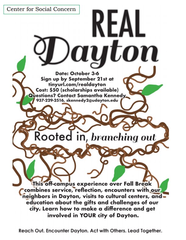 UDaytonOASSA's tweet photo. Check out this awesome fall break opportunity! Get to know more about Dayton through service and reflection! https://t.co/v9VR32ecz6