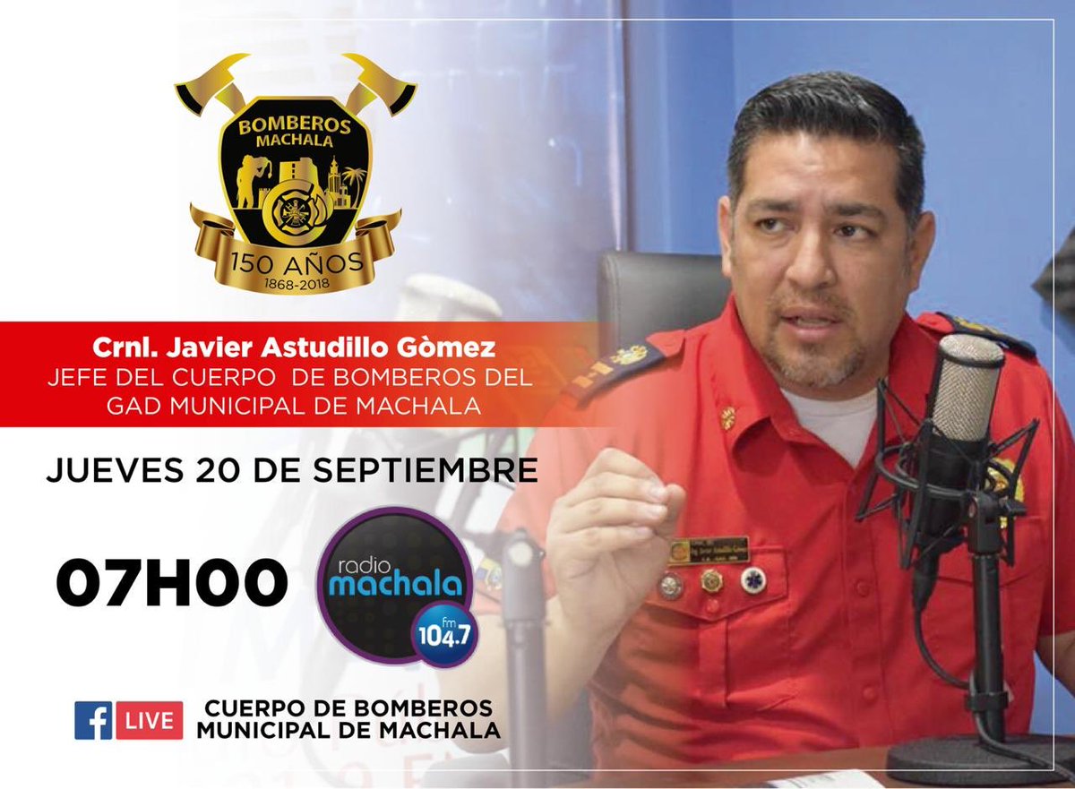 BomberosMACH's tweet photo. Crnl. Javier Astudillo, jefe de #BomberosMachala, en entrevista #RadioMachala 104.7 #150AñosBomberosMachala https://t.co/smqau9dYKD
