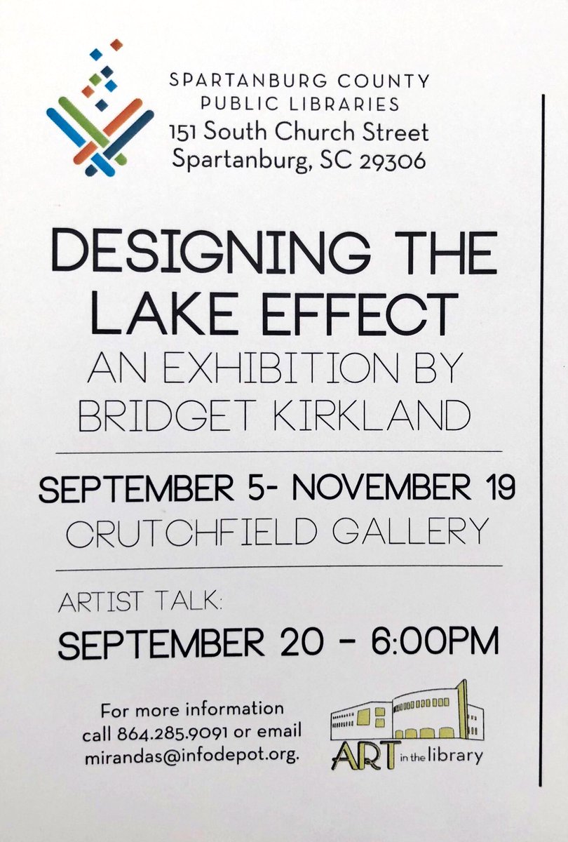 USCUGalleryArt's tweet photo. Bridget Kirkland’s show, Designing the Lake Effect, has a reception on the 3rd floor of the Spartanburg Downtown Library in the Crutchfield Gallery tomorrow. The ArtTalk starts at 6 p.m. If you have the time, please join! Everyone is welcomed.

#spartanburg #artwalk #uscupstate https://t.co/aZDETv7N7Q