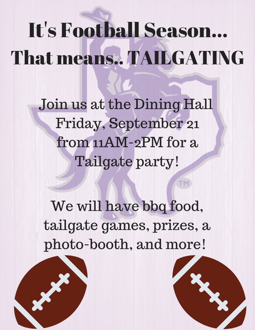 tsudining's tweet photo. Come kick-off the Football season with a tailgate party at the Dining Hall this Friday! Games, a photo-booth & delicious food! #footballseason #tailgate #tsudining @LathesTowns https://t.co/7GTW7kzSvt