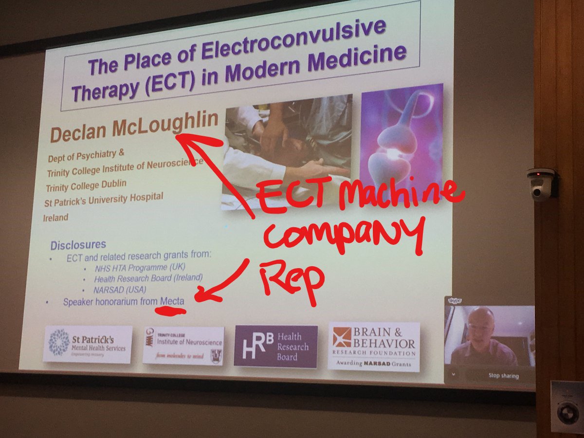 PsychRecovery's tweet photo. @ClinpsychLucy Dr. Declan McLoughlin disclosed his enormous conflict of interest at the bottom of his introductory slide, but since no one recognized the name of the company, his @MaudsleyDebates appearance became a paid advertisement for one of the #ECT machine companies. https://t.co/BxWNKUOrU7