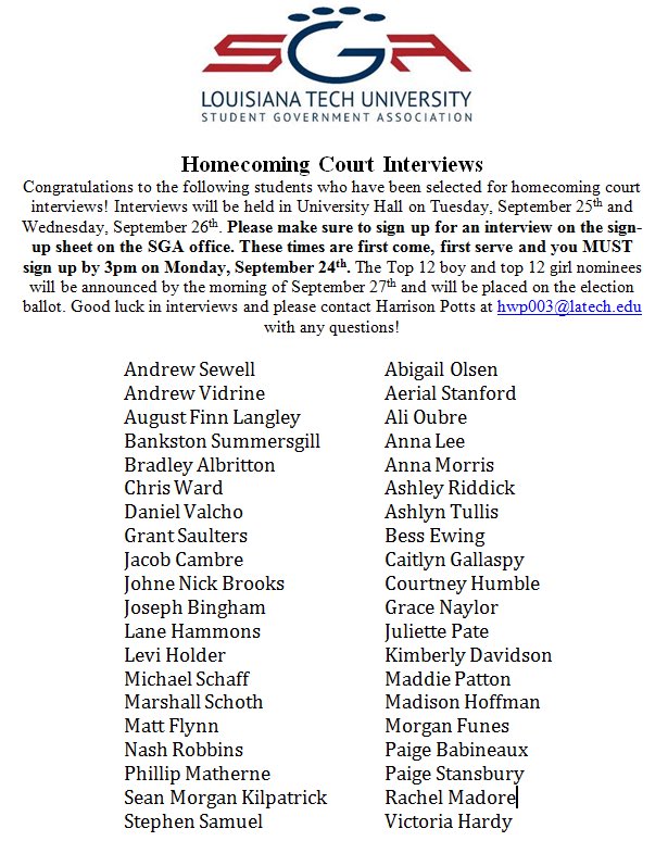 LATechSGA's tweet photo. Congratulations to each student receiving an interview for Homecoming Court! Instructions for sign up are pictured! https://t.co/WOUps2LkIq