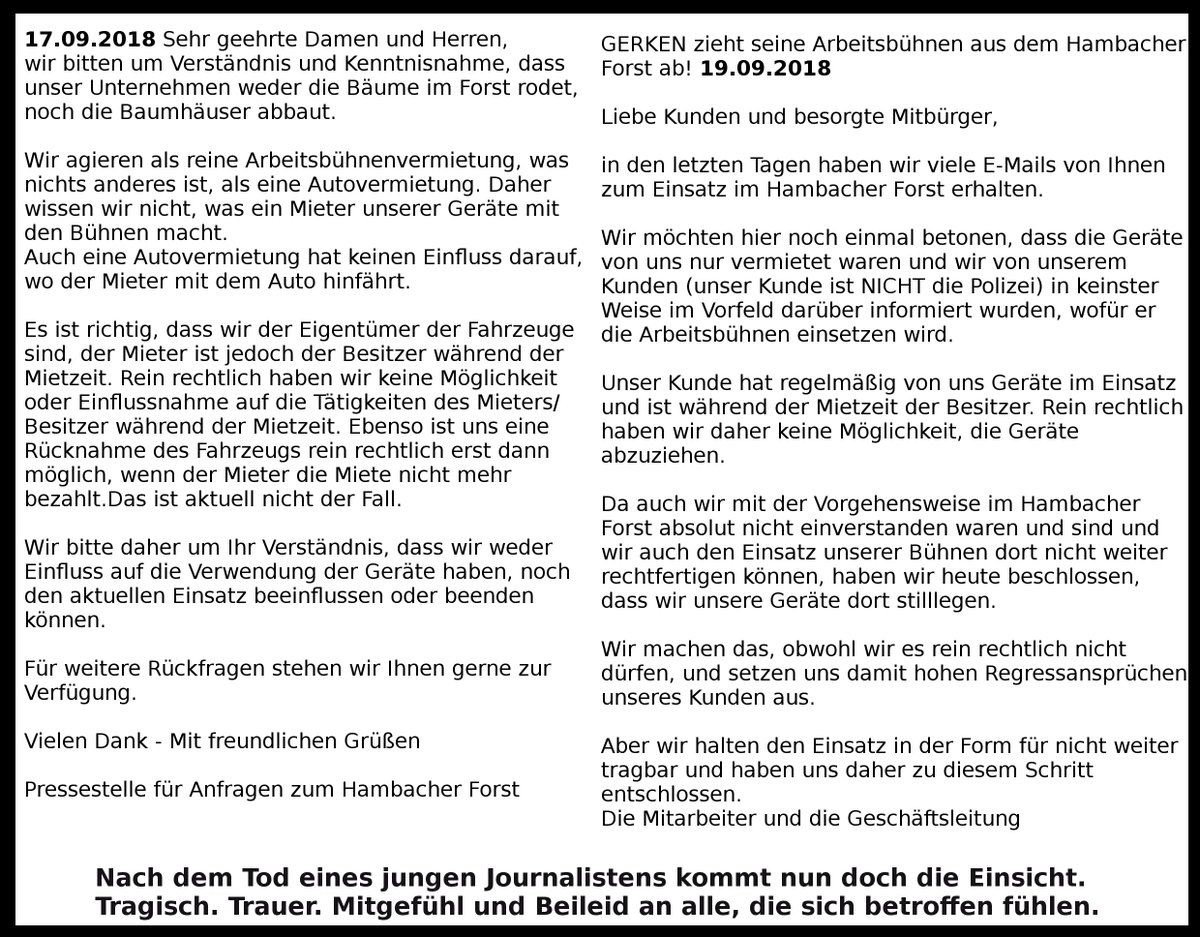 ag_rwe's tweet photo. Schon in den letzten Tagen haben wir #Gerken dazu aufgefordert, die Bühnen doch still zu legen. Nun nach tragischem und tödlichen Vorfall kommt die schmerzliche Erkenntnis und Reaktion. @Polizei_NRW_AC - bei euch hoffentlich auch! RAUS AUS DEM #HAMBACHERFORST !!!! https://t.co/xZO8xMwGcp