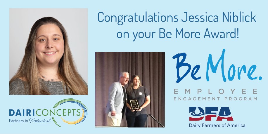 DFAIngredients's tweet photo. Congratulations to our very own food scientist, Jessica Niblick! Out of over 6,000 employees, Jessica is one of the winners of @DFAmilk’s Be More employee engagement program. https://t.co/Mk3haeJLyx