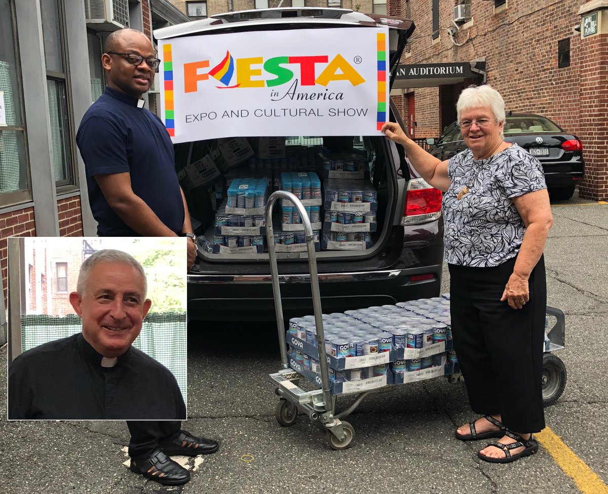 Father Louis Marie Ocha, Sr. Maryann McHugh &amp; Monsignor Otto Garcia of St. Joan of Arc Church, Jackson Heights, NY receive Goya Better For You products to be distributed to Marguerite's Food Pantry in Queens. #Fiestainamerica #Fiestas20th #GoyaFoods #Goyabetterforyou #StJoanofArc