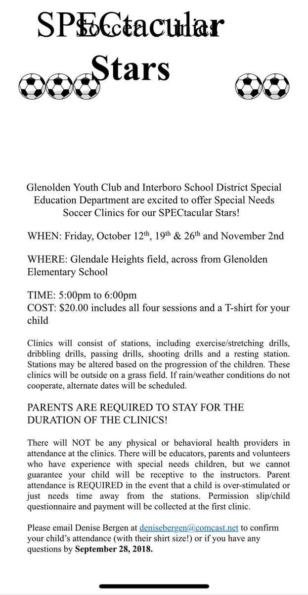 Lonergan36pride's tweet photo. SPECtacular Stars are at it again, but this time the clinic is focusing on SOCCER!! Come join us Friday nights starting 10/12. Read the attached flyer for more specific info regarding the SPECIAL NEEDS Sports Clinic! @glenoldenschool @GYC_sports @IsdSpecialed https://t.co/ZMpu8pqwno