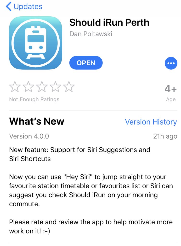 ShouldiRunApp's tweet image. It’s been a long time, but I’ve got new features for you! Should iRun 4.0.0 is out with Siri support. I’d love to see your screenshots of Siri shortcuts working, tweet me! I don’t live in Perth any longer