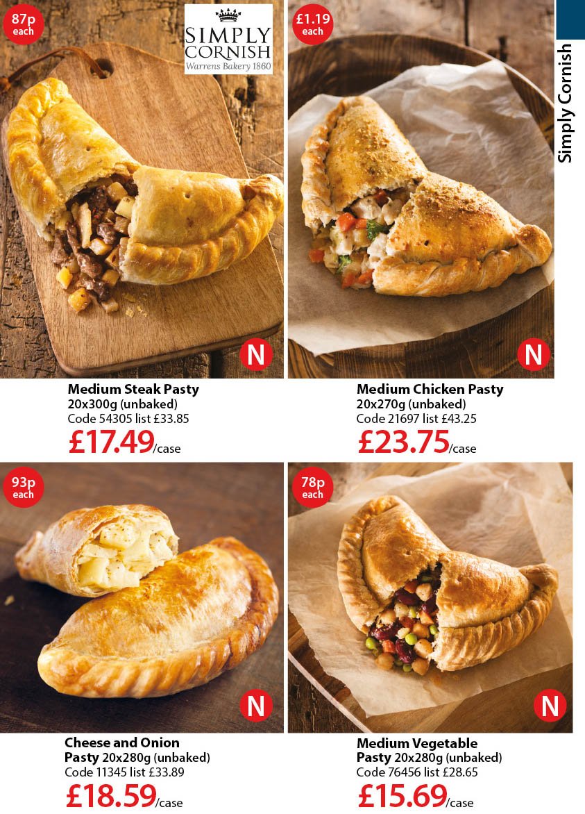RDJohnsLtd's tweet photo. New pasties have arrived this month by @SimplyCornish order some in for yourselves to try 
#pasty #pasties #chickenpasty #steakpasty #cheeseandonionpasty #vegpasty #vegetablepasty #offers #specials #wholesaler #foodservice #monthlypromotions https://t.co/QpSr1Zxfm7