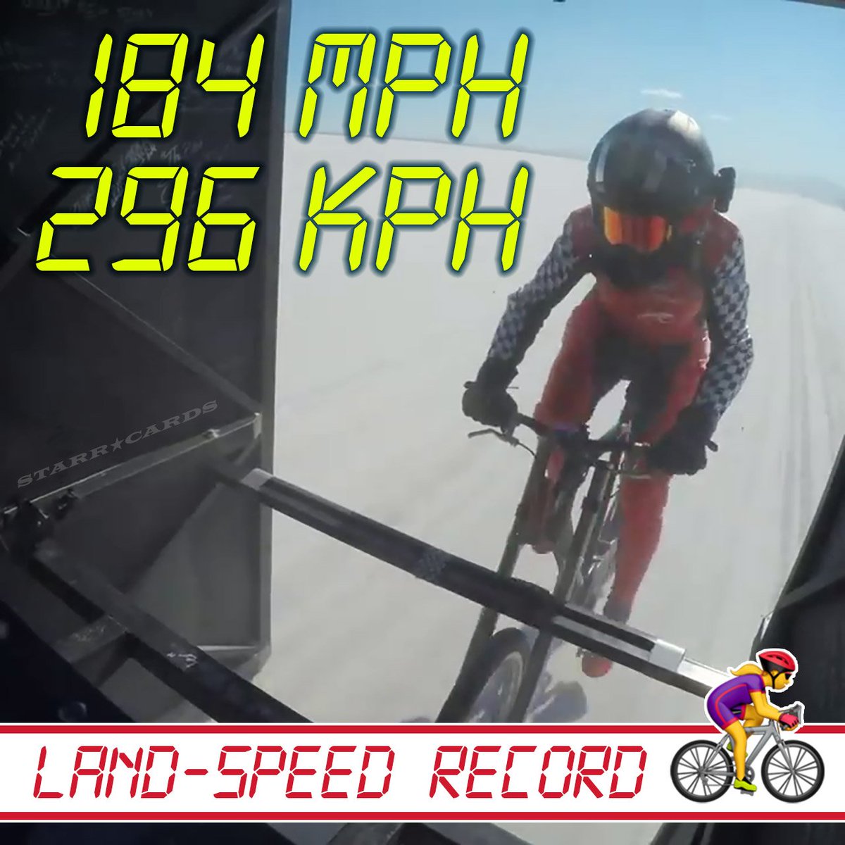 StarrCards's tweet image. Denise Mueller-Korenek shatters bicycle land-speed record at bone-rattling 184 mph (295 kph) on Utah’s #Bonneville Salt Flats via @starrcards starrcards.com/denise-mueller… #projectspeed #saltflats #Utah #cycling 🚴‍♀️ #bicycle #WorldRecord