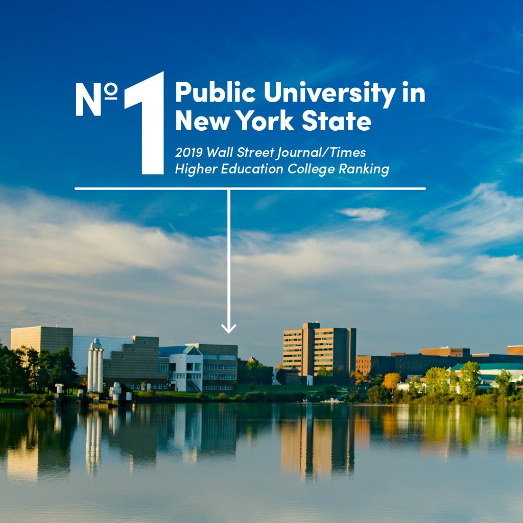 Image of UB's North Campus with text "No 1 Public University in New York State, 2019 Wall Street Journal/Times Higher Education College Ranking"