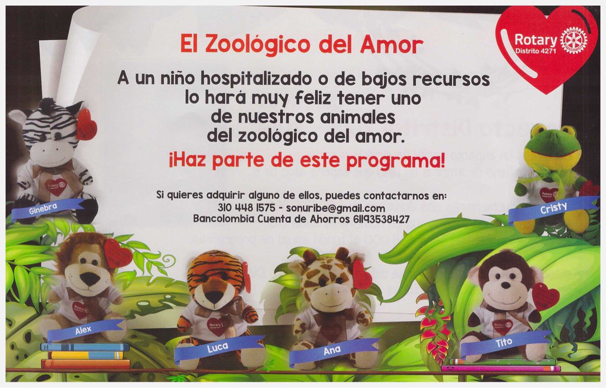 RotarioEnvigado's tweet photo. Dale compañia y amor a un niño hospitalizado o de bajos recuesos | Ellos son #Ginebra #Alex #Luca #Ana #Tito #Cristy el #ElZoodelamor | Adquiérelos por solo 50.000 pesos y llévale un mensaje de amor a alguien que lo necesita ❤️
✅ Diponibles en nuestro club | Info 2701257 https://t.co/6oxOmXaQ3c