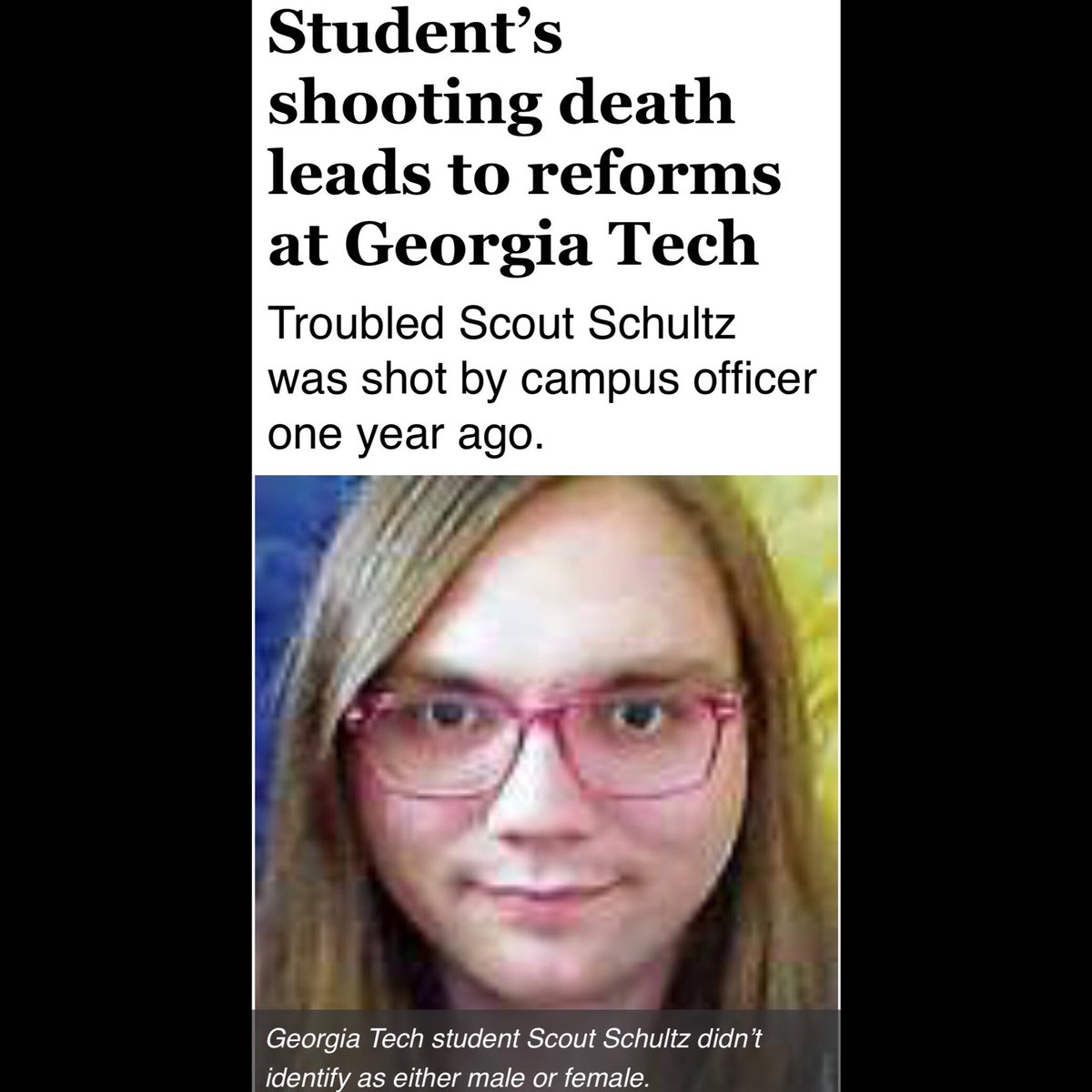 chrisstewartesq's tweet photo. #scoutschultz A year later we have caused some major changes on campus. #georgiatech cops are now armed with tasers and are crisis intervention trained to help deal with the mentally ill The LGBTQIA office has also been restored. Yet @GeorgiaTech hasn’t accepted responsibility https://t.co/u6nvE3AxBa
