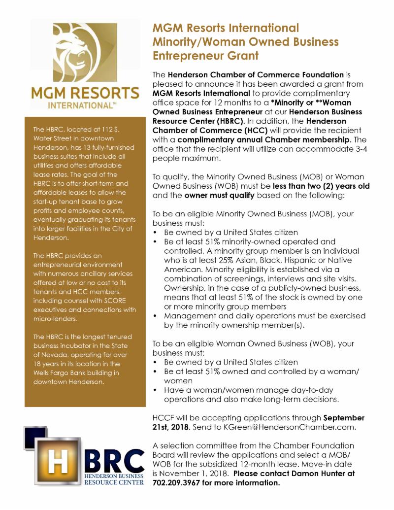 LeadershipHen's tweet photo. The HCC Foundation is pleased to announce it has been awarded a grant from MGM Resorts International to provide complimentary office space for 12 months to a Minority or Woman Owned Business Entrepreneur at the HBRC. Applications due September 21st, 2018. https://t.co/TsagtWUsFI https://t.co/3dxI4nsCN3
