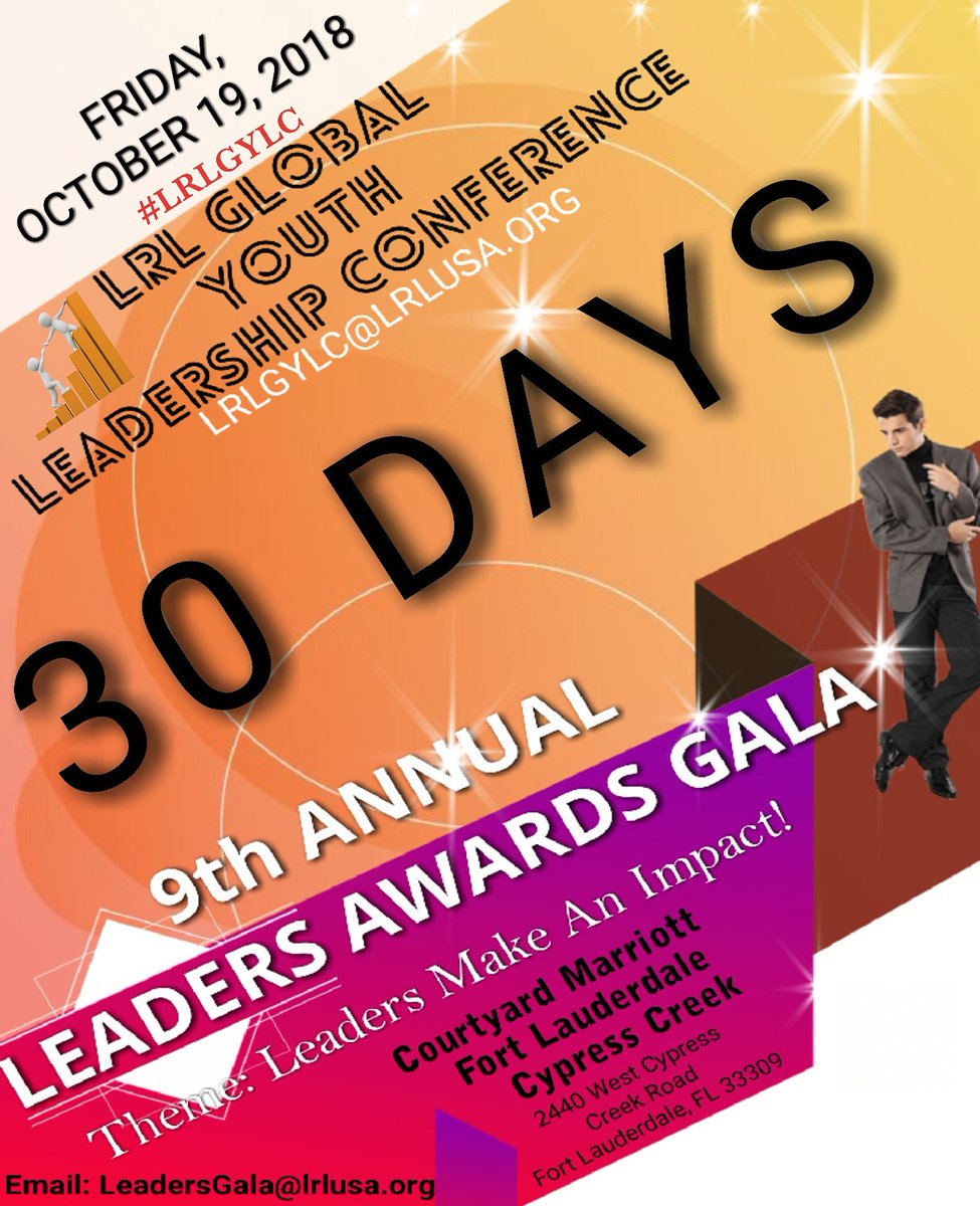JoinLRL's tweet photo. Leaders we are just 30 days away.... 
Register &amp; Sign Up!!! #LRLGYLC
Register &amp; Sign Up!!! #LEADERSAWARDSGALA
Register &amp; Sign Up!!! #LAG2018

Nominate a student leader! To attend #LAG2018 Deadline October 20th 2018. 
Email: lrlgylc@lrlusa.org https://t.co/WUpVCMLOGM