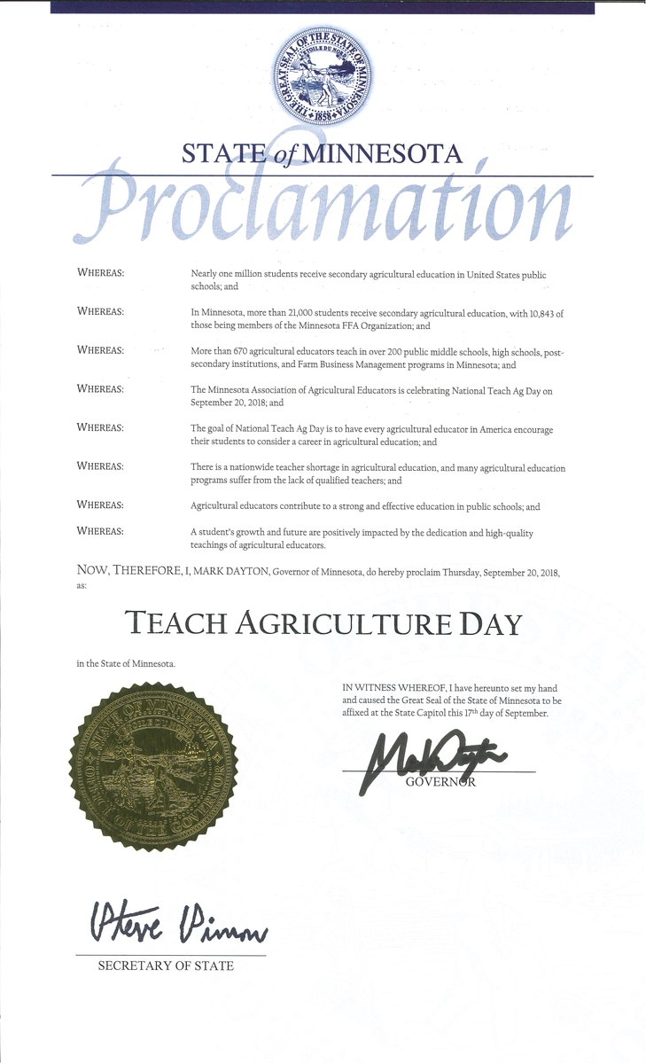 MnAgEdLead's tweet photo. It's officially Teach Ag Day in Minnesota! Thanks to @GovMarkDayton for recognizing the importance of agriculture teachers and the positive impact they have on their students! #TeachAg #Tagged18 @Teach_Ag https://t.co/214p8fJIo6