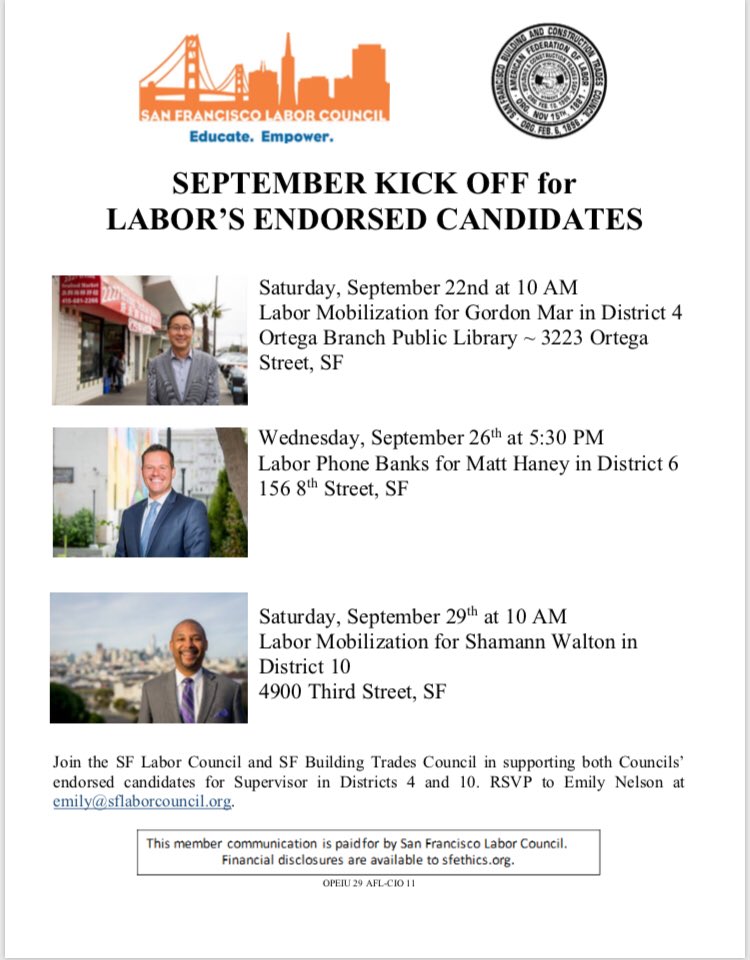 sfbctc's tweet photo. Lets walk for @D4GordonMar @MattHaneySF &amp; @shamannwalton every weekend! @sflabor #SFLabor https://t.co/pvP5H7Rw2m