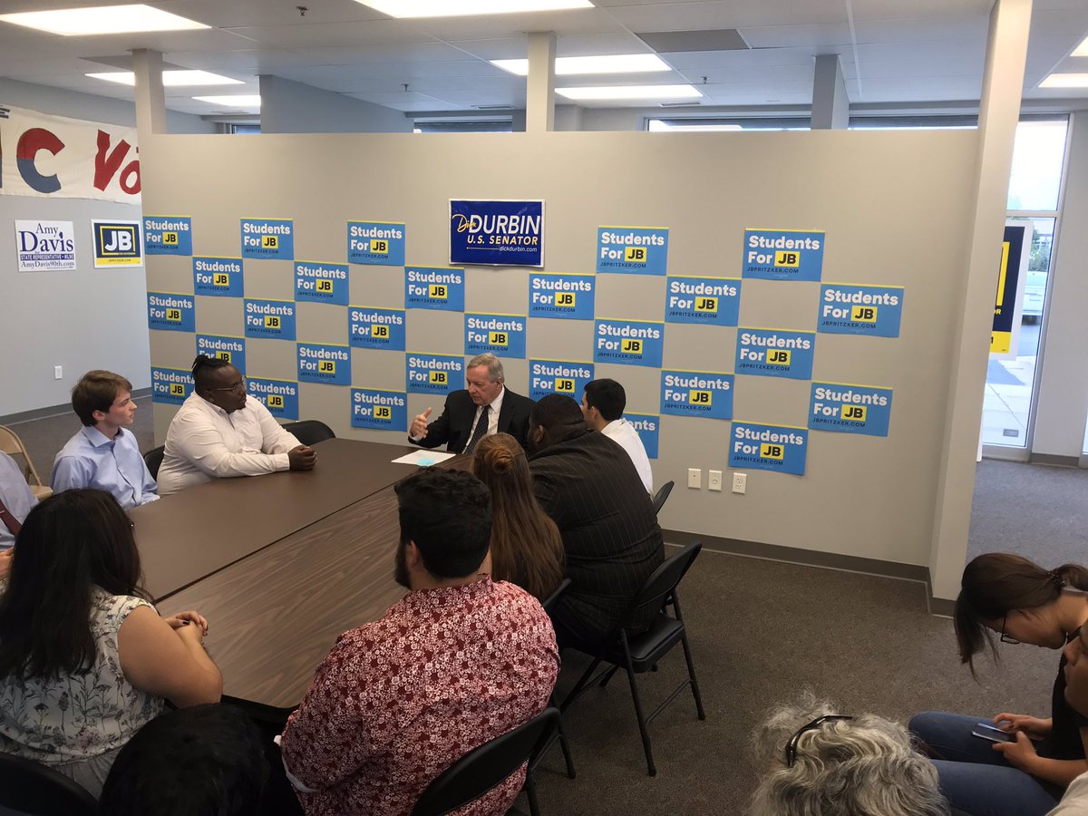 JbNorthern's tweet photo. It was great having @SenatorDurbin at our local #dekalb field office today to discuss GOTV efforts at NIU with the @NIUDems. #teamjb #jbthechange #studentsforJB https://t.co/CGptDGOKLU