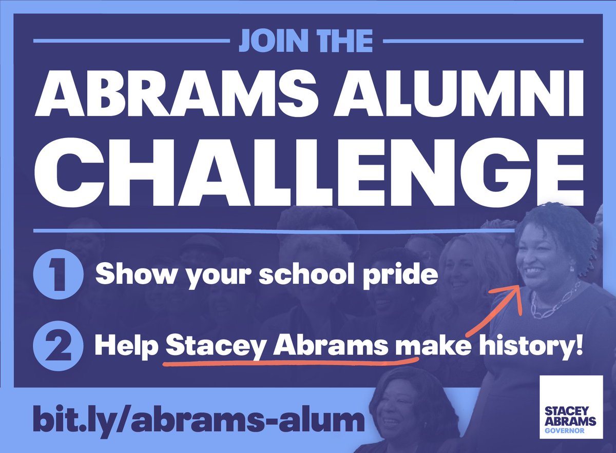 fairfightaction's tweet photo. Today, #TeamAbrams is announcing the #AbramsAlumniChallenge! 
Challenge your friends, classmates, sorority sisters, and frat brothers to support our campaign and reach the $100k goal. Together, we'll help @StaceyAbrams make history! Learn more ➔ https://t.co/LFMZ3OTi9L #gapol https://t.co/U6n117iQNb