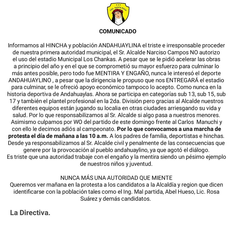 BrianBertie's tweet photo. Según un comunicado de Cultural Santa Rosa, están amenazando a perder por WO vs Carlos Manucci por temas de su cancha y el Alcalde en menores. Debajo les dejo el comunicado del club. Una lastima todo.

📔 Cultural Santa Rosa FB

#SegundaPeru #SegundaDivision #FutbolPeruano https://t.co/C2eldoUrco
