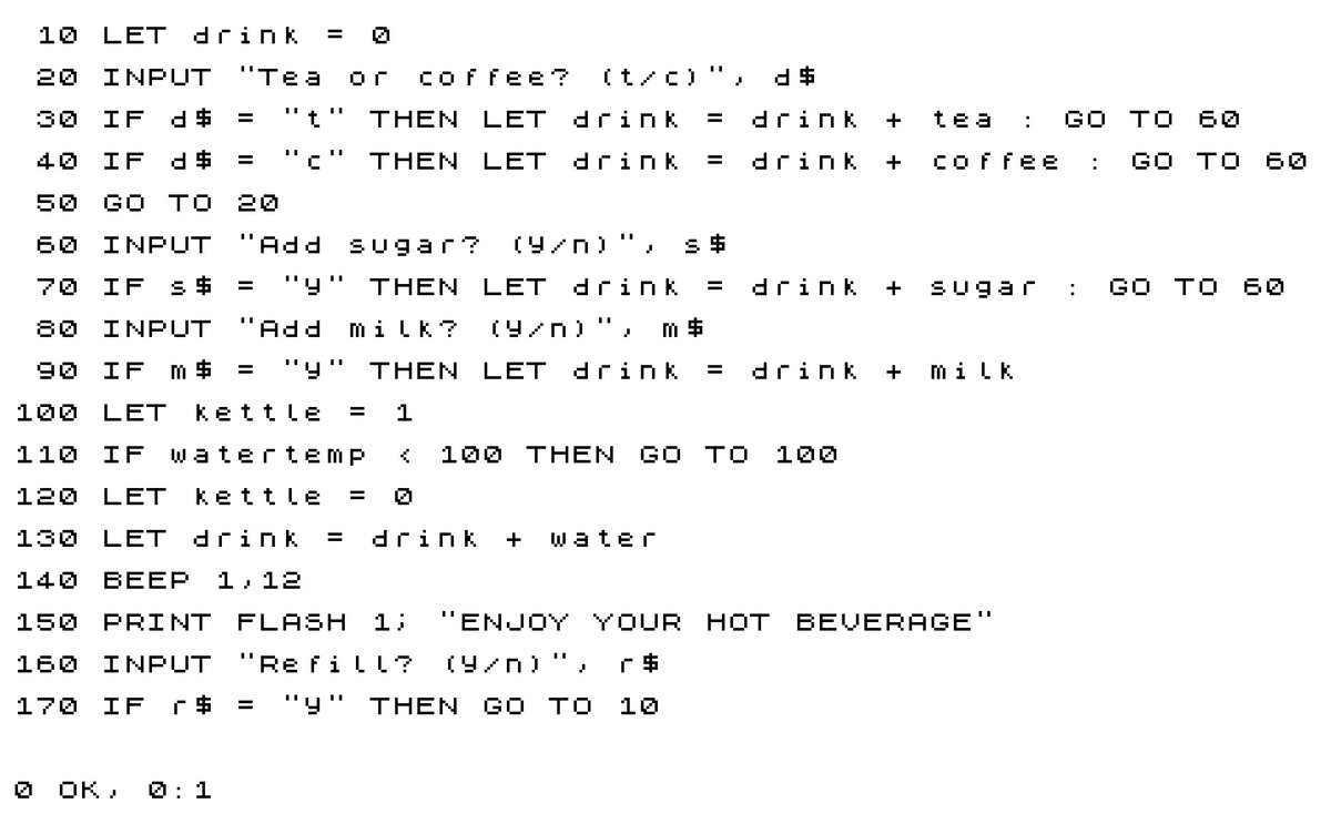 YourOldSpectrum's tweet photo. 150 PRINT FLASH 1; "ENJOY YOUR HOT BEVERAGE"
https://t.co/NX6QxqWyp1 https://t.co/ccEpZ3nwu9