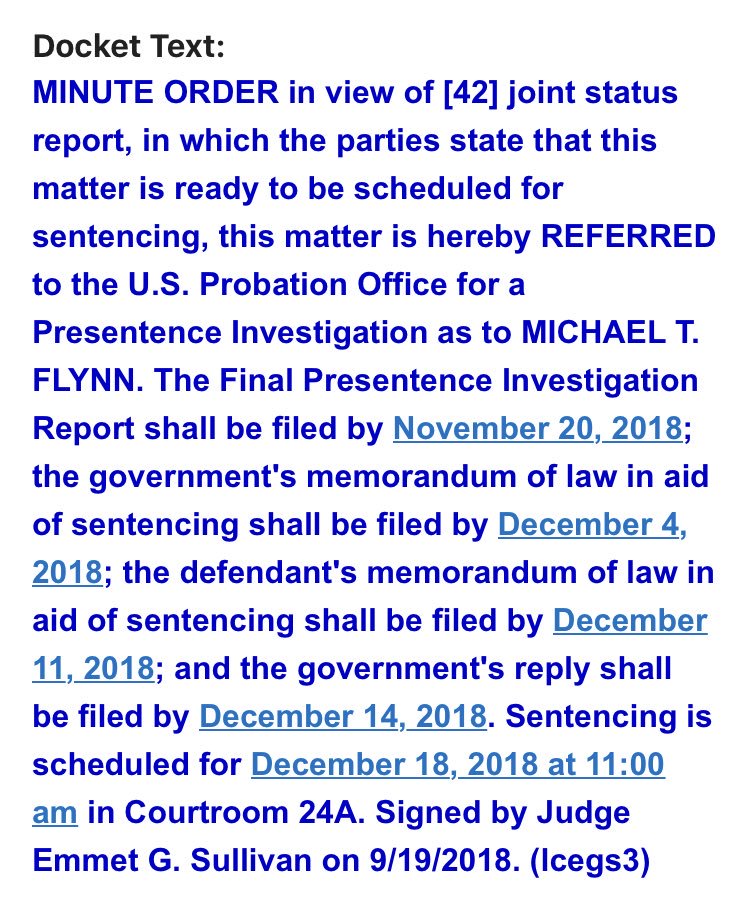 JUST IN: Michael Flynn sentencing is set for Dec. 18. Memos preceding it to be filed starting Dec. 4