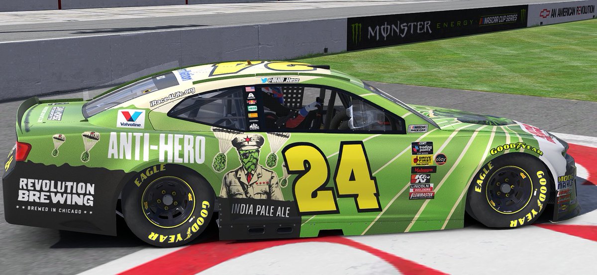DHM_Hess's tweet photo. the Revolution Brewing Anti Hero car is back, finally.... after way to may hours. Woot! Please don't smash it on track tonight boys lol @CORTCupSeries https://t.co/fFtddey7JZ