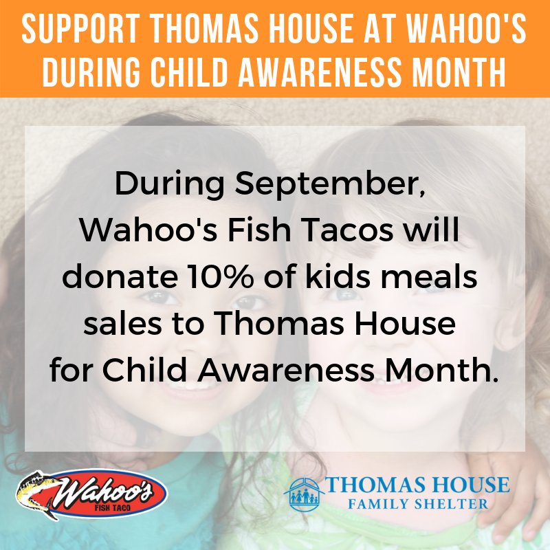 THShelter's tweet image. Throughout September, @WahoosFishTaco will be donating 10% of proceeds from kids meal sales to #THShelter. Enjoy your next family meal &amp;amp; help support the #ThomasHouse mission to empower homeless families throughout Orange County. Find your closest Wahoo's: ow.ly/jHx930lSwcl