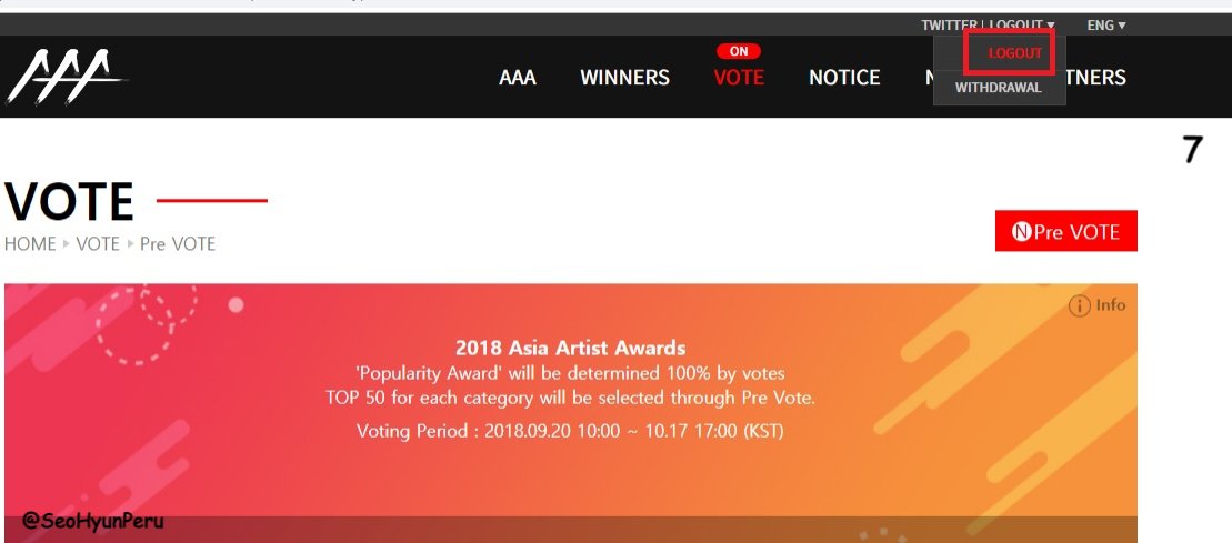 SeoHyunPeru's tweet photo. 7. Para salir del acceso con la cuenta que elegiste y votar con otra red social y/o múltiples cuentas, al terminar, solo dirígete a la parte superior y click en 'Log out'.
👉A partir de ello, deberás seguir los mismos pasos para votar con otras redes y/u otras cuentas. https://t.co/SVNxXxD39l