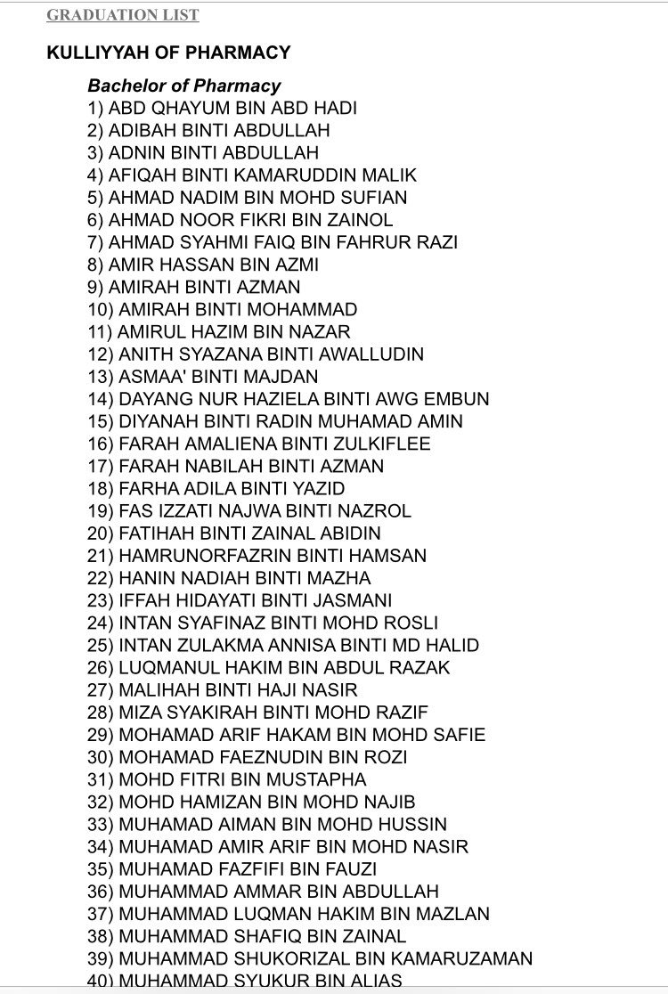 iiumRX13's tweet photo. New graduation list for our kuliyyah. Now we have 115. Congratulations to all 😁 https://t.co/egNTO90207