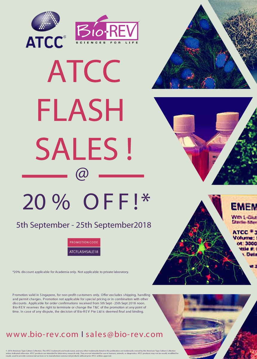 BioREV's tweet photo. It's happening now! ATCC flash sales 20% off for academia only. https://t.co/RVwG7OhkJO