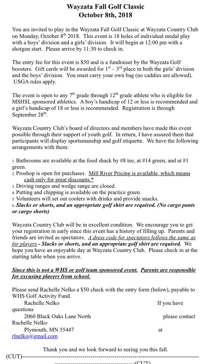 Wayzata_Golf's tweet photo. The Fall Classic is coming up on October 8th at Wayzata Country Club. Gift cards from chipotle and other places go to the winning boys and girls of their divisions plus prizes for on course competitions. Email Rachelle Nelko at rnelko@gmail.com for forms and more information. https://t.co/aRrh8Yfy6x