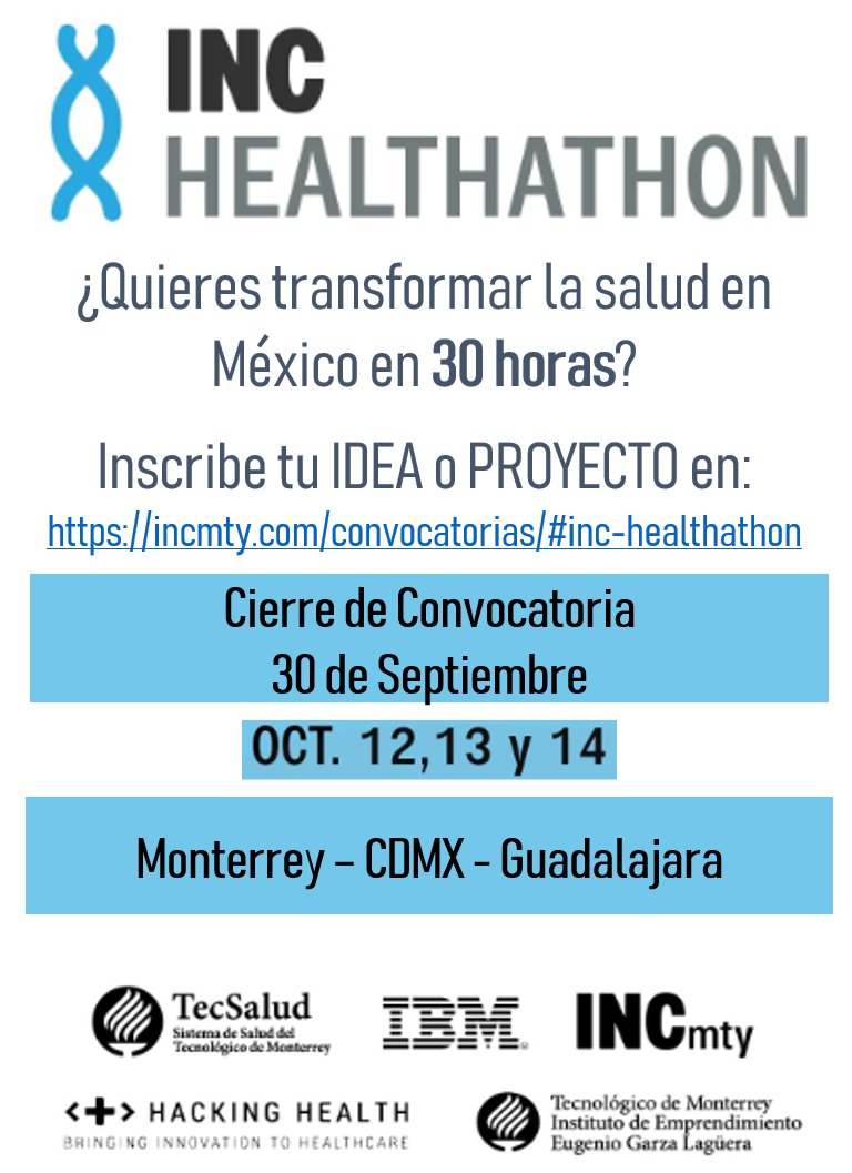 Del 12 al 14 de Octubre, el cual es un hackatón especializado en salud, que en su tercera edición está buscando propuestas de base tecnológica para mejorar la salud y calidad de vida de la población en las sedes de Monterrey, Guadalajara y Ciudad de México.