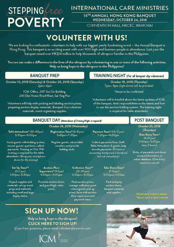 It is T-34 days until #ICMBanquet2018! Our success is due in part to the faithful #volunteers that put in the time and energy to make sure everything is running smoothly from set up to take down. Once again, we're asking for you guys to #joinus! goo.gl/forms/oEXVnvqF…