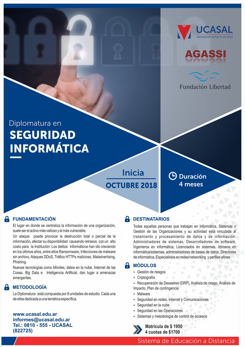 AGASSI_Ros's tweet photo. Lanzamiento: Diplomatura en SEGURIDAD INFORMÁTICA
Inicio: OCTUBRE 2018
Duración: 4 meses
@AGASSI_Ros  @UcasalOficial @Centro_IT 
#SeguridadInformática  #diplomatura https://t.co/QiNrR8HU2y
