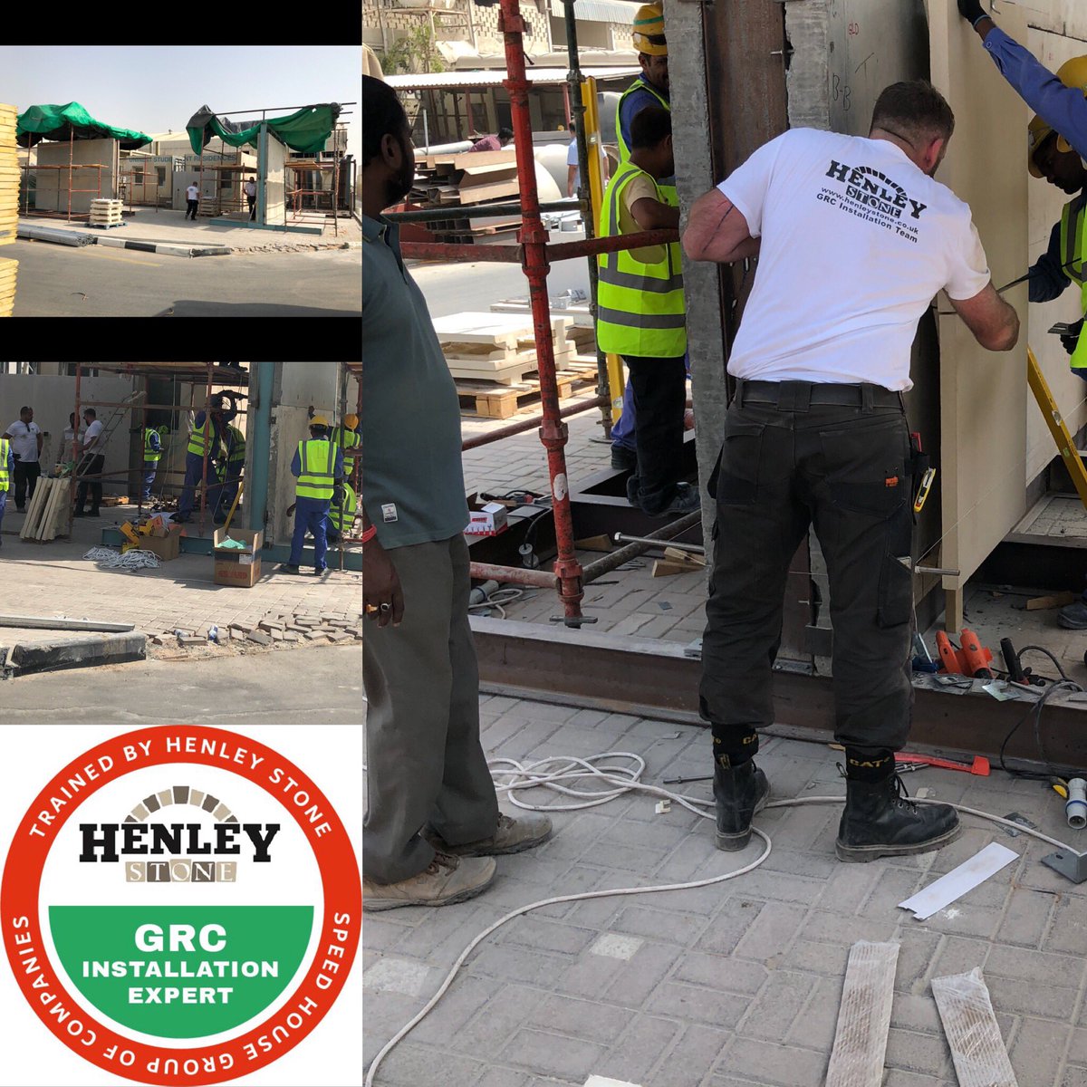 GRC installation training area being set up and has now commencing in the UAE. Henley Stone Specialists sharing our knowledge and trade secrets with some very eager installers.....nice little hard hat sticker for the 600 trainees as well 😁