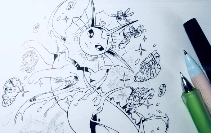 pixivのイーブイイラコンに記念に参加して来ました。ボールペンで線画を描いたあとにPCでべた塗り。
打ち水をしていたら桶の中からシャワーズが飛び出して来た!な絵が描きたかったのですが、描いて行くうちに謎の踊り絵と化してしまった。。 