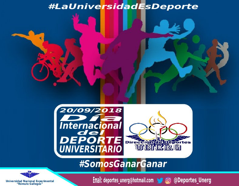 SomosGanarGanar's tweet photo. ÉSTE JUEVES 20/09 DESDE LA #UNERG CELEBRAMOS EL DÍA INTERNACIONAL DEL DEPORTE UNIVERSITARIO 2018
@jlberroteran 
@unergprensa 

#SomosGanarGanar

#LaUniversidadEsDeporte https://t.co/CGtpH8rCQY
