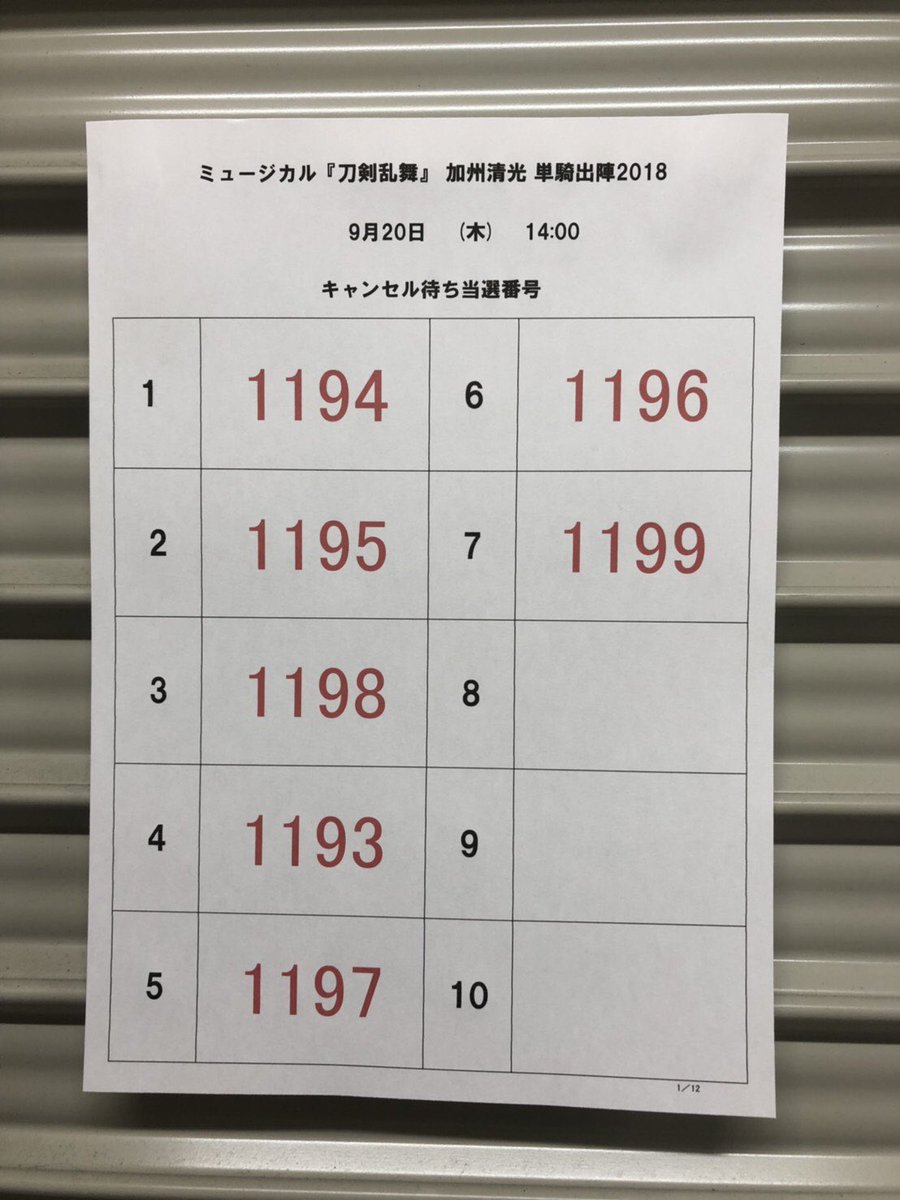 ミュージカル 刀剣乱舞 公式 加州単騎18 9月日 木 14 00公演 キャンセル待ち抽選 当選番号の発表です 画像ご確認の上 当選された方は 開演の30分前 までに係員の指示に従ってお並び下さいませ 刀ミュ