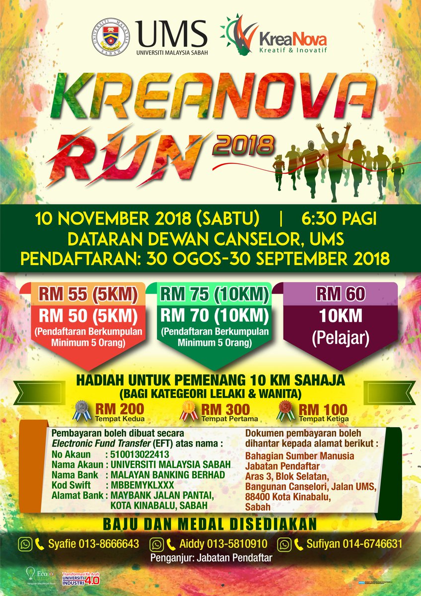 UMS_EcoCampus's tweet photo. KREANOVA RUN 2018
Penyertaan terbuka kepada warga UMS dan orang ramai.
Pendaftaran sehingga 30 September 2018.
Rujuk info untuk maklumat lanjut.
#UMSRun #KreanovaRun2018 #Kreanova2018 #RunInSabah #race #Marathon #kkcity @bki https://t.co/bSNmxz8FeV