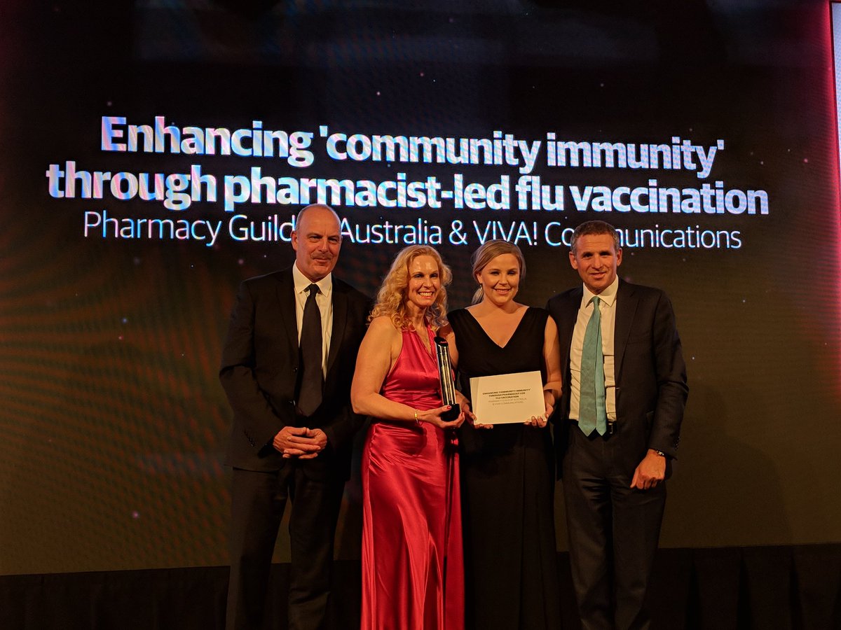 vivacomms's tweet photo. Absolutely thrilled to win the hugely competitive Public Health Initiative Award at the Prime Awards for our Enhancing Community Immunity Through Pharmacist-led Flu Vaccination campaign with @PharmGuildAus
@primeawards @GLOBALHealthPR
 😁🍾😎 https://t.co/uM5fr97dFP