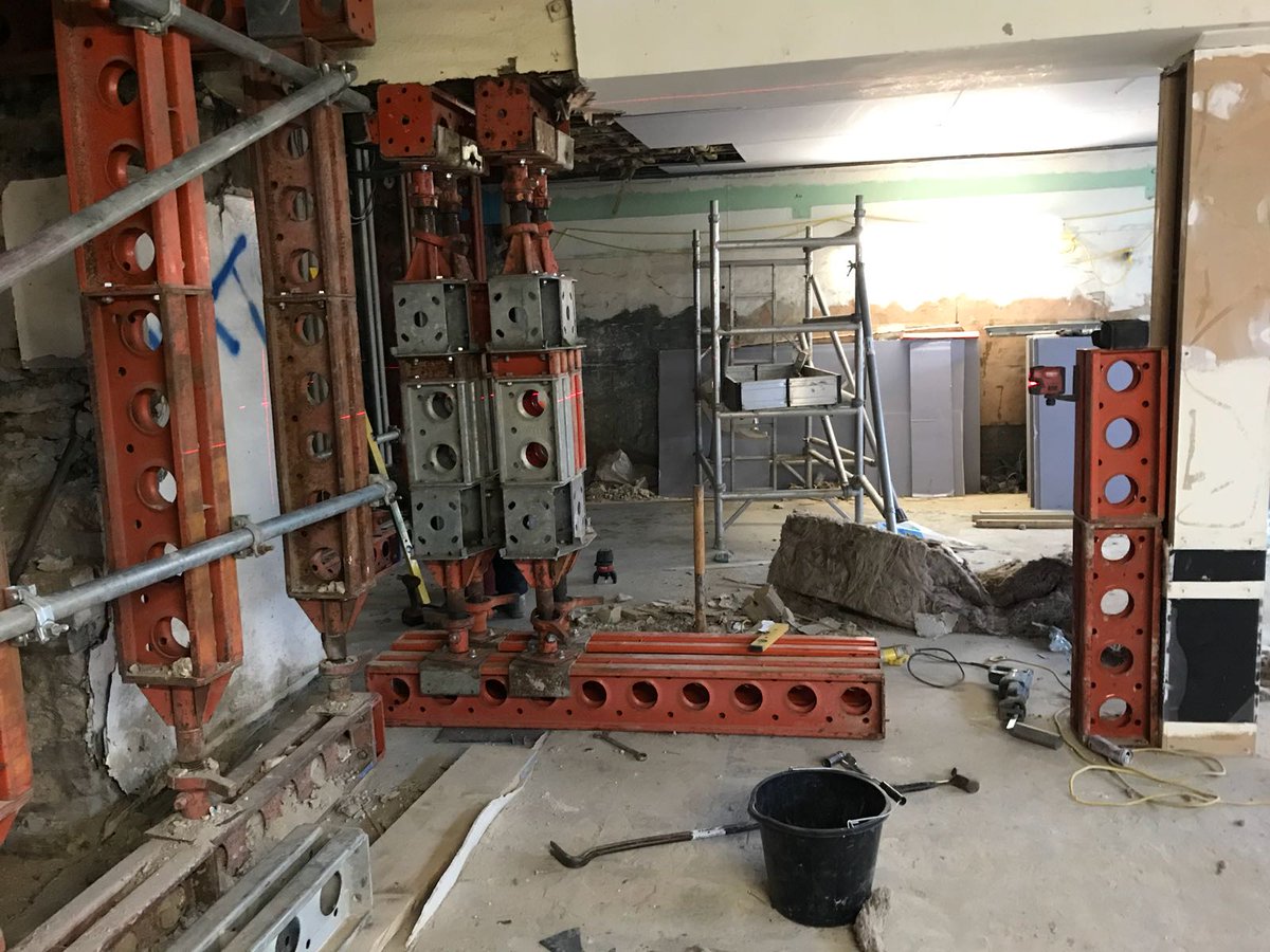 DenonConstruct's tweet photo. #ThrowbackThursday! Here is a custom deadprop system using #slimshor equipment to carry enormous loads from an existing steel beam carrying 4 levels of brickwork above! 

This project was carried out in York for a client that was undertaking a major refurbishment to a @coopuk https://t.co/EmJ8hDEtmI