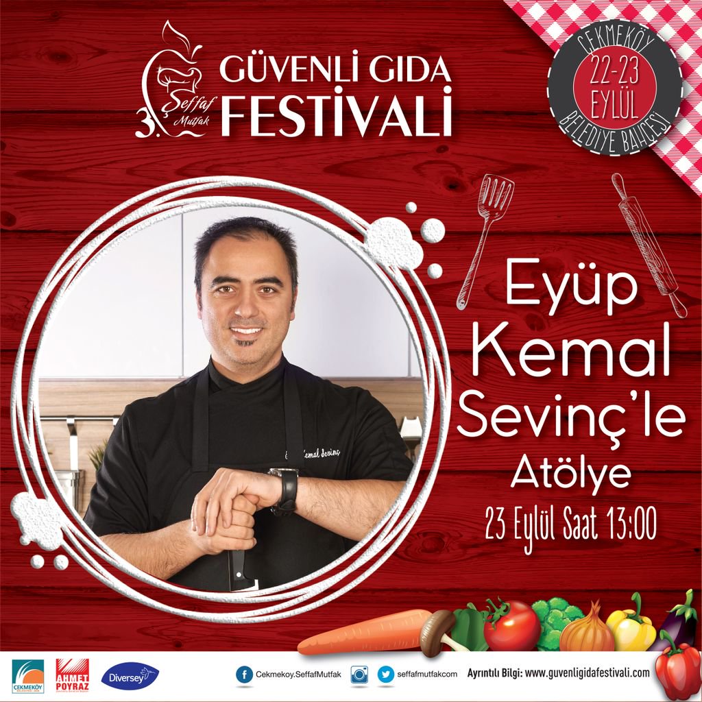23 Eylül Pazar günü Şef Eyüp Kemal Sevinç'in Atölye Çalışması için sizleri 3. Şeffaf Mutfak Güvenli Gıda Festivaline bekliyoruz :) 7'den 70'e herkesin eğlenebileceği festivalimizde tüm etkinlikler ücretsizdir. <a href="/Cekmekoybeltr/">Çekmeköy Belediyesi</a> <a href="/AhmettPoyraz/">Ahmet Poyraz</a>
