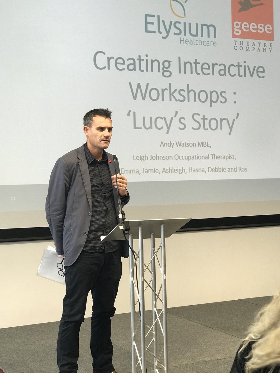elysiumcare's tweet photo. Andy Watson, director of @GeeseTheatre discusses the impact of using theatre in a secure setting to engage service users in their recovery. ‘Lucy’s story’ shows the feelings a service user experiences when arriving at a new care setting, created by Farndon Unit #SuConf18 https://t.co/ySijnt9QlI