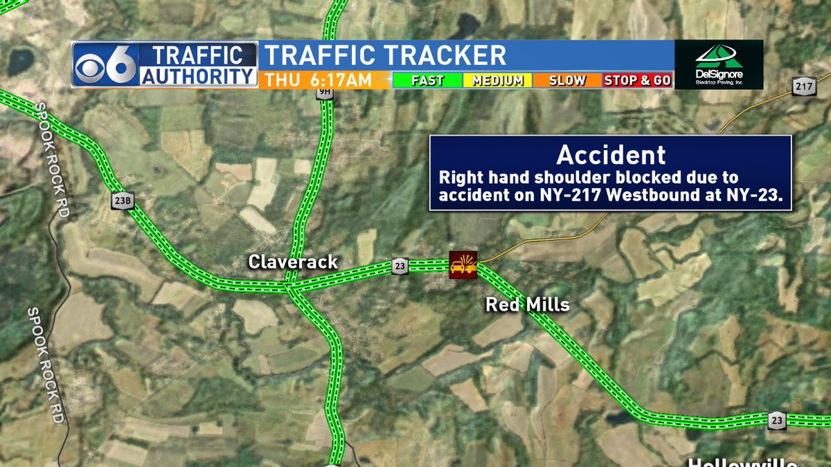 CBS6Albany's tweet photo. #TrafficAlert: Accident NY 217 WB at NY 23; right hand shoulder blocked. #Claverack #TrafficAuthority https://t.co/5DPPU1wzAR