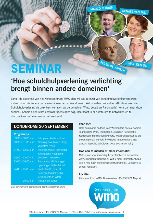 Vandaag naar seminar 'Hoe schuldhulpverlening verlichting brengt in andere domeinen' van <a href="/centrumwmo/">Kenniscentrum Wmo</a> in #Meppel. Met bijdragen van @schuldhulp, <a href="/kbnl/">KredietbankNederland</a> en @Nibud.