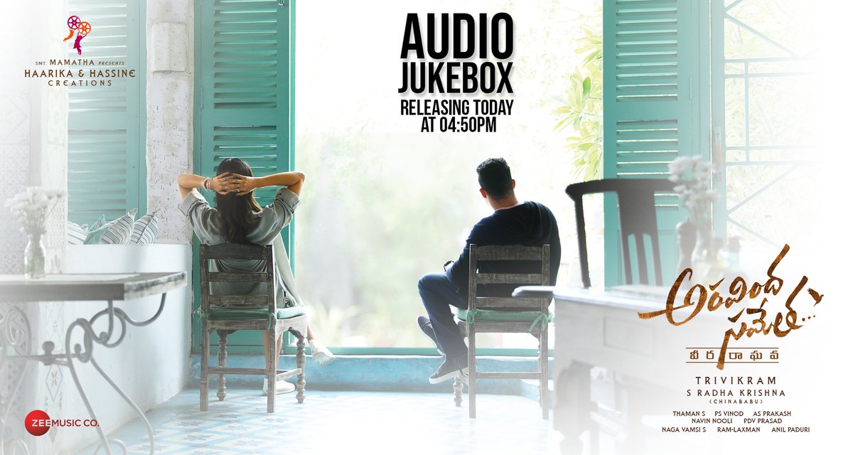 #AravindhaSamethaAudio *ing <a href="/tarak9999/">Jr NTR</a> and <a href="/hegdepooja/">Pooja Hegde</a> jukebox will be out today at 4:50pm. Stay with <a href="/zeemusicsouth/">Zee Music South</a>. An <a href="/MusicThaman/">thaman S</a> musical. #AravindhaSamethaJukebox!