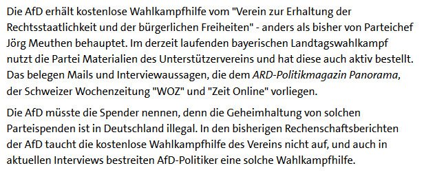 Aktuelle interne Mails belegen erstmals die heimliche Wahlkampffinanzierung der #AfD durch einen ominösen Unterstützerverein. Eine gemeinsame Recherche von <a href="/ndr/">NDR.de</a> "Panorama", <a href="/Wochenzeitung/">WOZ</a> und <a href="/zeitonline/">DIE ZEIT</a>. #ltwby