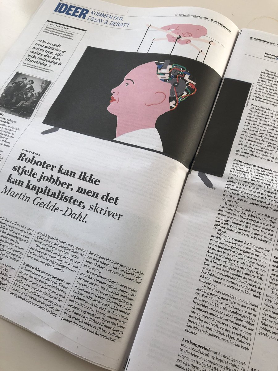 HeleneJorum's tweet image. Hear, hear! Godt skrevet om robotisering av @MartinGeddeDahl  i @Morgenbladet. Det er ikke roboter som tar jobbene våre, men mennesker som kontrollerer den teknologiske revolusjonen. morgenbladet.no/ideer/2018/09/…